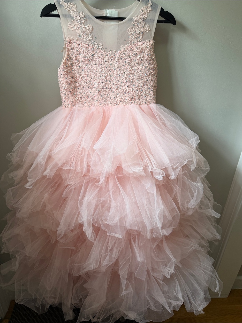 Girls' Pink Tulle Ruffle Party Dress with Embellished Bodice